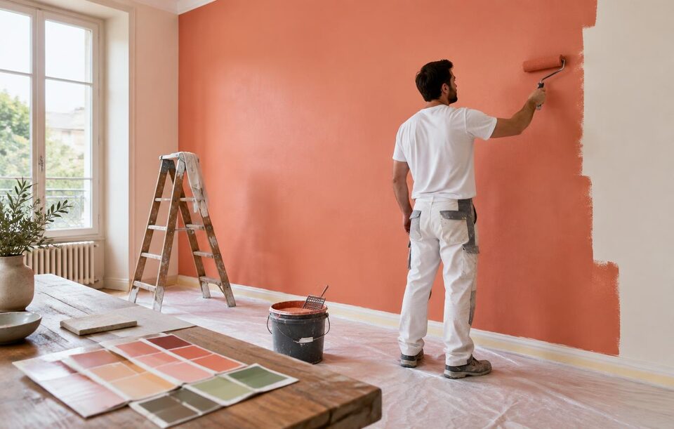 Peintre appliquant une peinture au rouleau